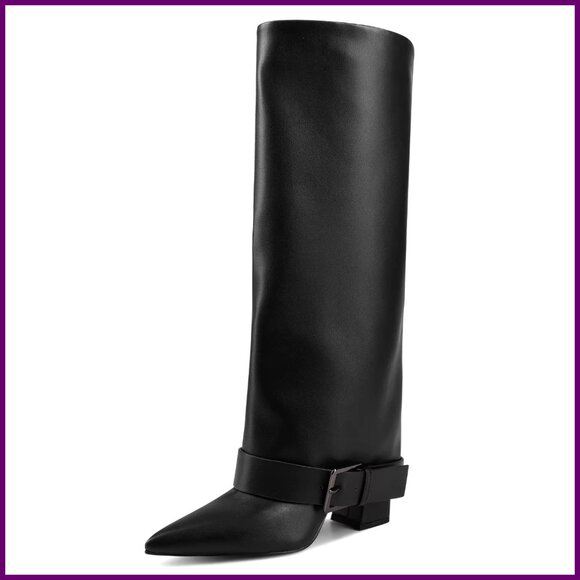 Knee High Boots Fold Over Chunky Heel Wide Calf Pointed Toe Belt Buckle